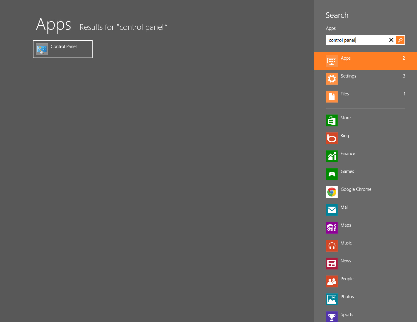 The Windows 8 Start Menu after searching for Control Panel. Open the Windows 8 Start Menu and search for Control Panel.